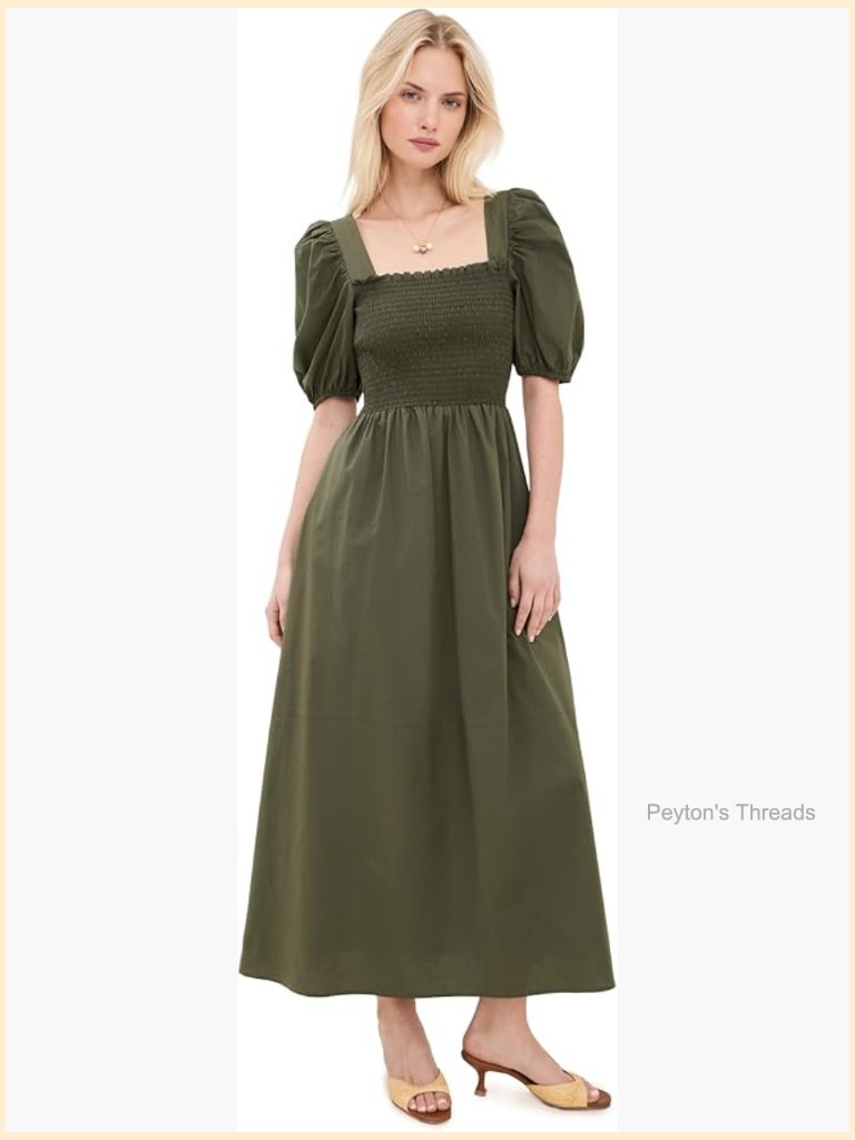 Women's Square Neck Puff Sleeve Midi Dress With Pockets